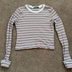 long sleeve navy pink and white striped shirt